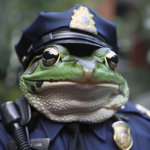 A small green frog in a US police uniform. 