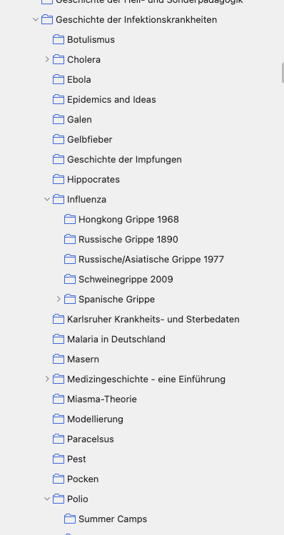 
Geschichte der Infektionskrankheiten

• Botulismus

› 7 Cholera

白 Ebola

• Epidemics and Ideas

白 Galen

• Gelbfieber

Geschichte der Impfungen

• Hippocrates

v白 Influenza

• Hongkong Grippe 1968

• Russische Grippe 1890

• Russische/Asiatische Grippe 1977

• Schweinegrippe 2009

› 7 Spanische Grippe

• Karlsruher Krankheits- und Sterbedaten

• Malaria in Deutschland

• Masern

› Medizingeschichte - eine Einführung

• Miasma-Theorie

自Modellierung

• Paracelsus

• Pest

• Pocken

v Polio

Summer Camps
