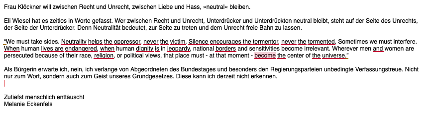Eli Wiesel hat es zeitlos in Worte gefasst. Wer zwischen Recht und Unrecht, Unterdrücker und Unterdrückten neutral bleibt, steht auf der Seite des Unrechts, der Seite der Unterdrücker. Denn Neutralität bedeutet, zur Seite zu treten und dem Unrecht freie Bahn zu lassen.

“We must take sides. Neutrality helps the oppressor, never the victim. Silence encourages the tormentor, never the tormented. Sometimes we must interfere. When human lives are endangered, when human dignity is in jeopardy, natio…
