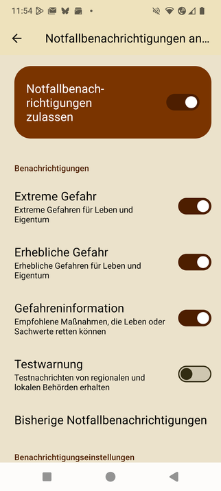 Die Cell-Broadcast-Einstellungen unter FairphoneOS. Reine Testalarme sind deaktiviert.

