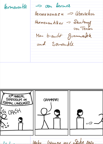 Handschriftliche Notizen: 

Hermeneutik -> von Hermes

hermeneuein -> übersetzen

Hermeneutiker -> Deutung von Texten

Man braucht Grammatik und Semantik

In die Notizen eingefügt, taucht ein xkcd-Comic auf:

Links bricht eine Person durch die Wand hinter einem Rednerpult an dem eine zweite Person steht. Daneben steht der Laut "CRASH".

Über dem Rednerpult hängt ein Banner mit der Aufschrift:

"10TH ANNUAL SYMPOSIUM ON FORMAL LANGUAGES"

Im zweiten Bild reißt Person 1 die Arme hoch und schreit:…