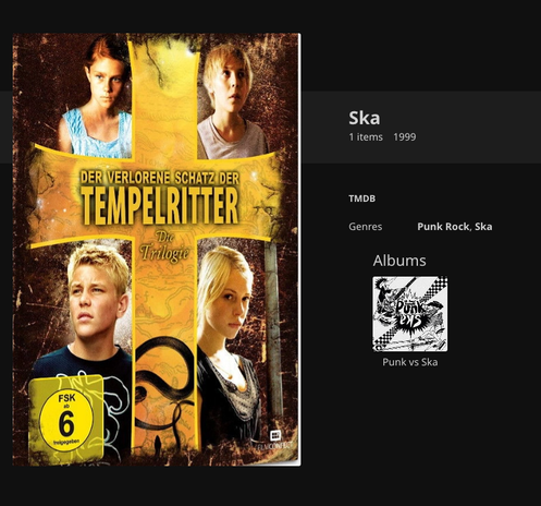 Screenshot einer Jellyfin Collection. Die Collection heißt "Ska". Enthalten ist ein Album "Ska vs Punk". Die Genre der Collection sind "Punk Rock" und "Ska". Als Titelbild der Collection wird das DVD-Cover der Kinderfilm-Trilogie "Der verlorene Schatz der Tempelritter" angezeigt. 