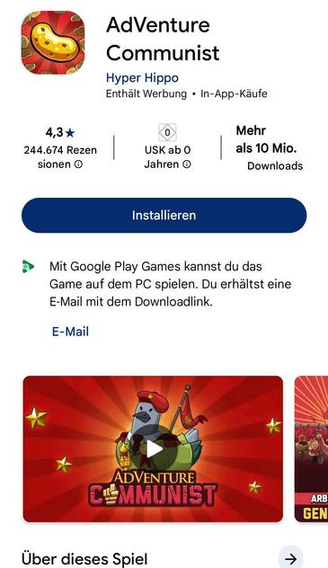 Google play page of the game "AdVenture Communist". It shows that the game contains in-app payments and ads. 