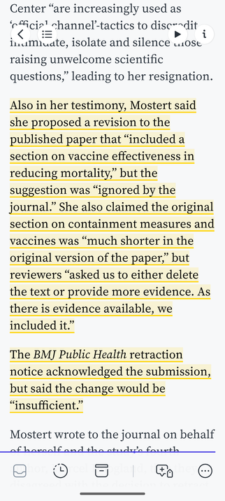 Also in her testimony, Mostert said she proposed a revision to the published paper that “included a section on vaccine effectiveness in reducing mortality,” but the suggestion was “ignored by the journal.” She also claimed the original section on containment measures and vaccines was “much shorter in the original version of the paper,” but reviewers “asked us to either delete the text or provide more evidence. As there is evidence available, we included it.”
The BMJ Public Health retraction not…